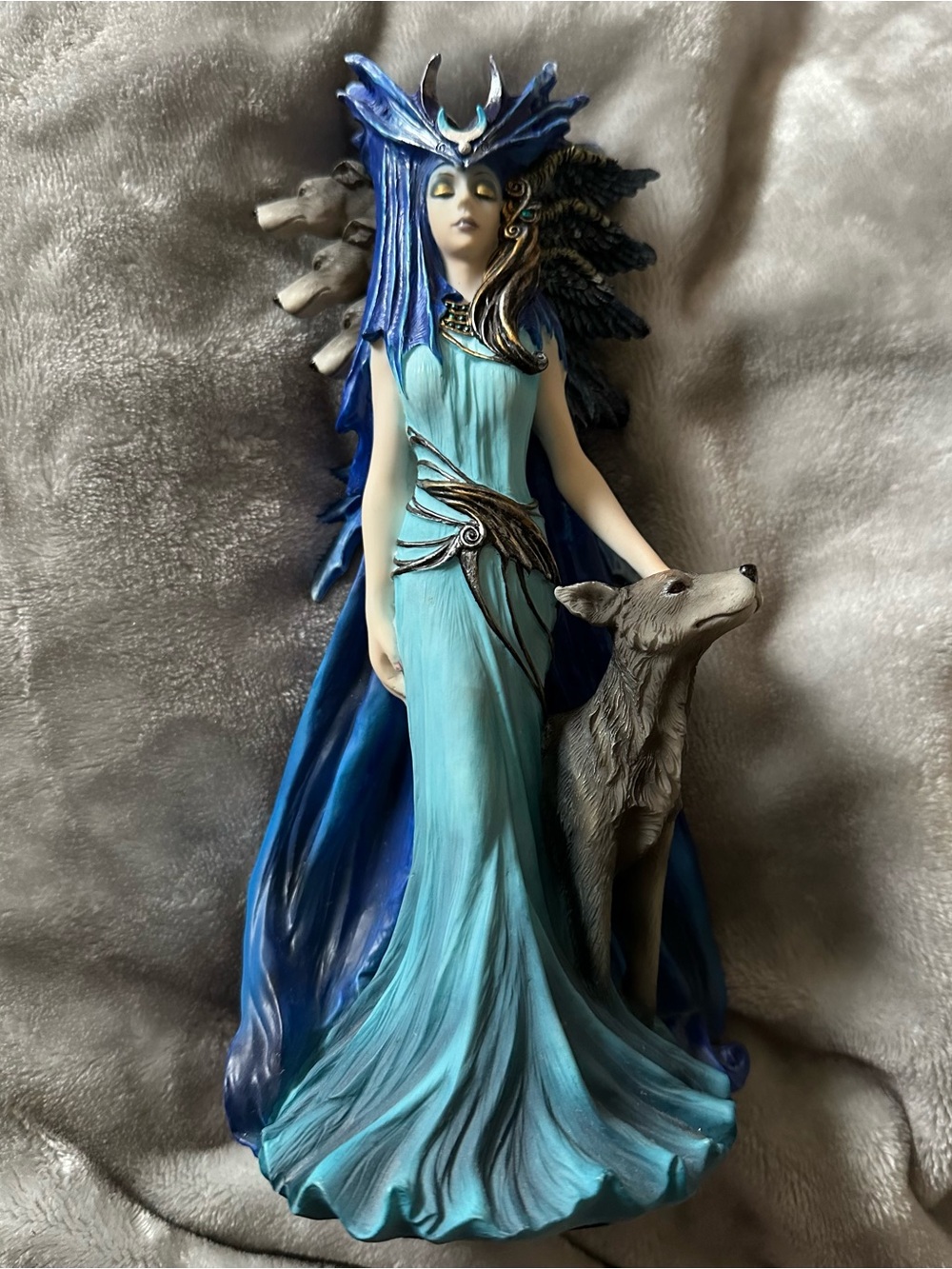 8” Hekate Blue Goddess Figurine with Wolf